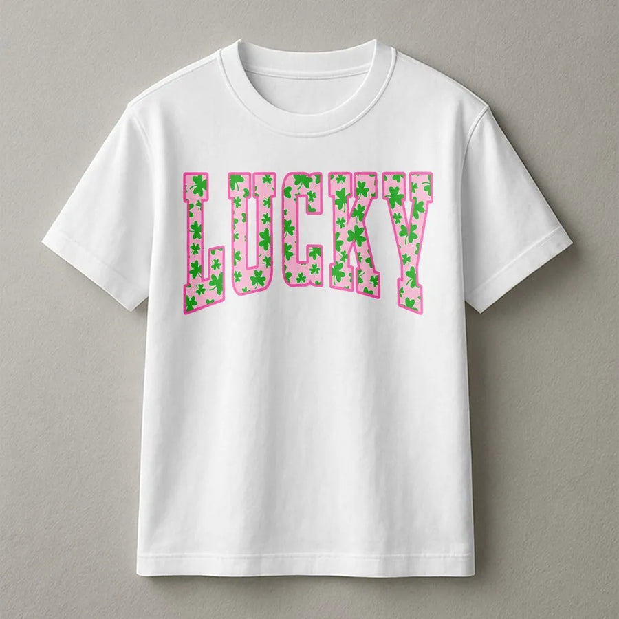 Lucky Shamrock T-Shirt | St. Patrick's Day Pink Varsity Letter Print | Premium Soft Cotton Tee | Cute Irish Gift For Women & Teens