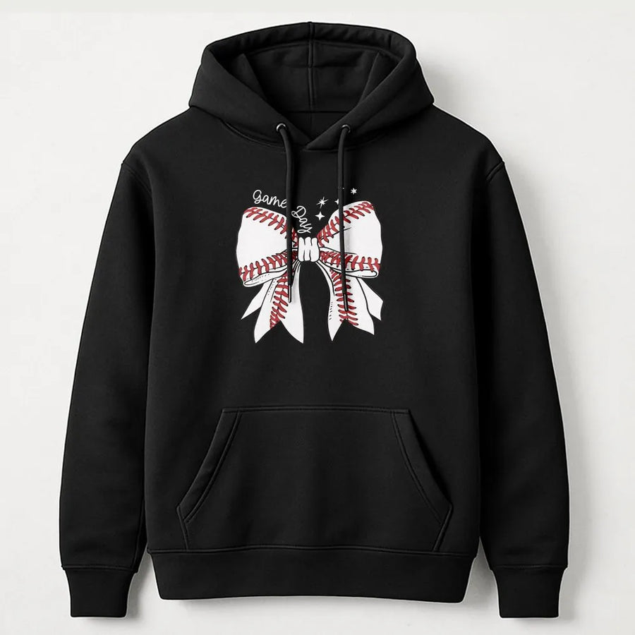 Baseball Bow Hoodie | Cute Game Day Graphic Pullover | Soft Cotton-Poly Blend | Premium Gift for Baseball Mom and Sports Fan