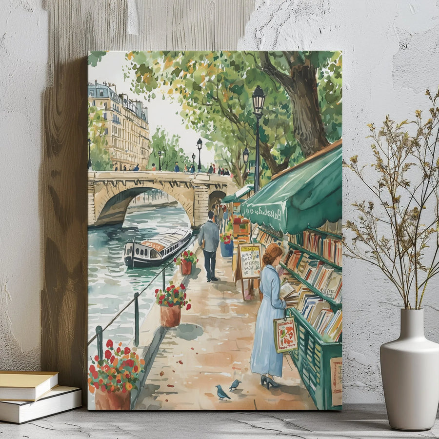 Paris Street Art Canvas | Watercolor Seine River Bookseller Print | Premium 1.25" Gallery Wrap | French Home Decor Gift