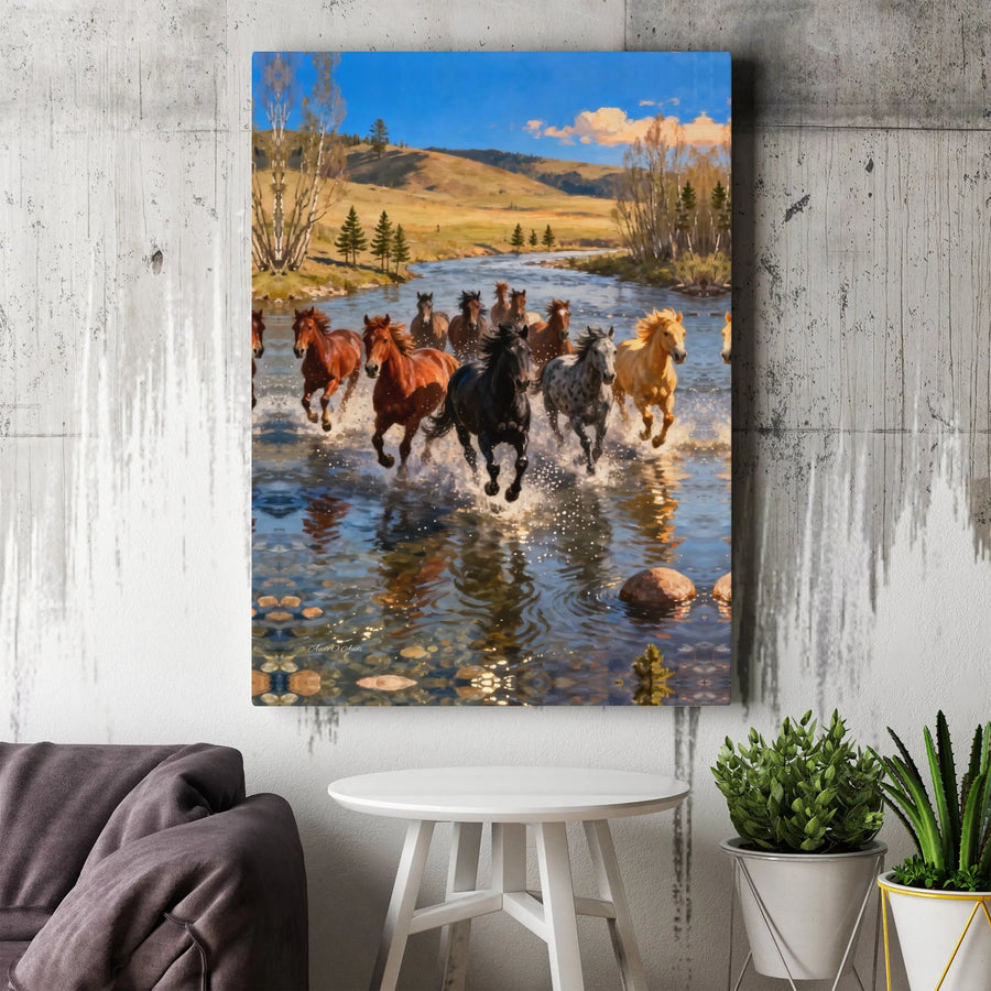 Wild Horses Canvas Wall Art | Running Herd in River Landscape | Premium Gallery Wrapped Canvas | Western Home & Office Decor Gift