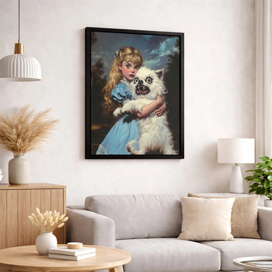Dark Gothic Wall Art | Girl With Scary Monster Dog Portrait | Premium Gallery-Wrapped Canvas | Unique Halloween Decor Gift