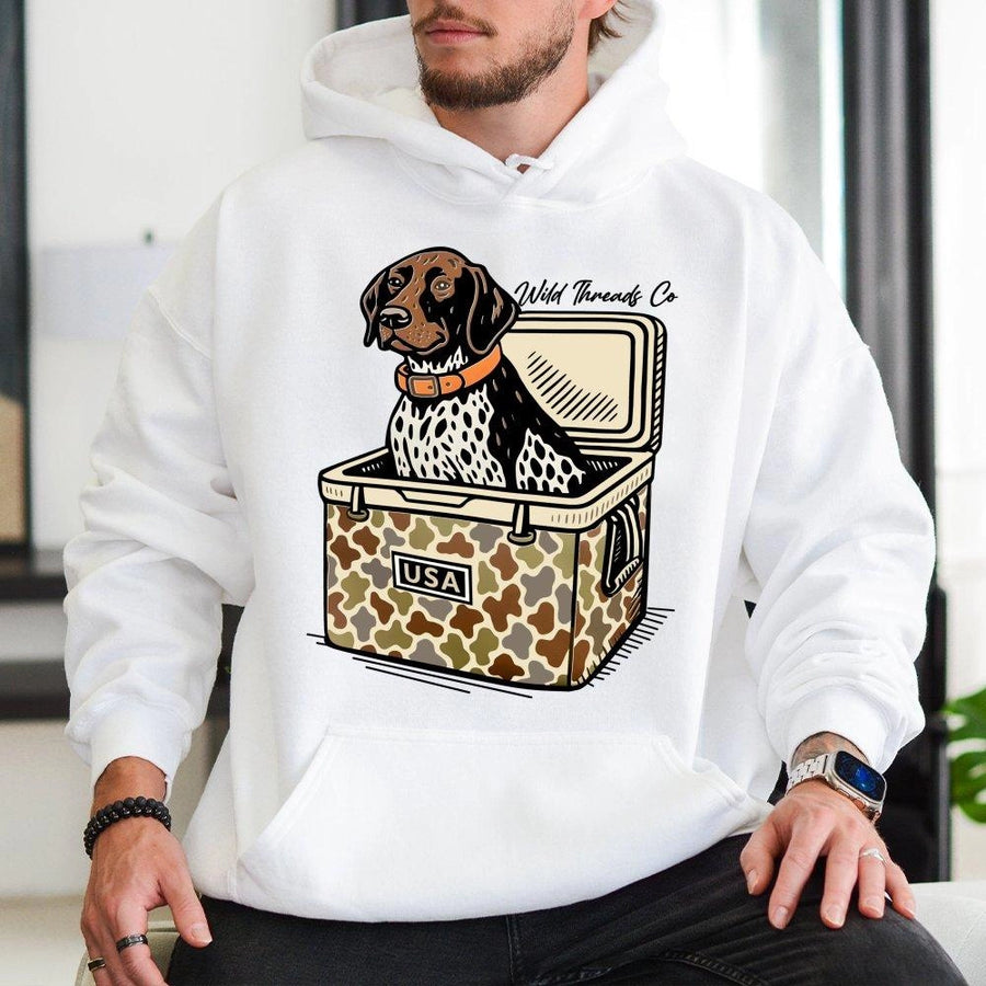 Hunting Dog Cooler Hoodie | Patriotic Camo USA Graphic Design | Premium Cotton Blend | Gift for Country Boy Outdoorsman
