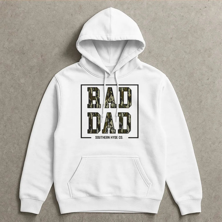 Rad Dad Camo Graphic Hoodie | Retro Varsity Style Print | Premium Cotton Blend | Best Gift for Father, New Dad or Grandpa