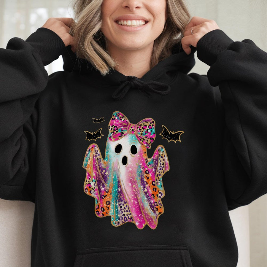 Colorful Leopard Ghost Hoodie | Glitter Rainbow Bow Design | Premium Cotton-Blend Fleece | Spooky Season Gift For Her