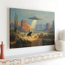 Cowboy UFO Canvas Wall Art | Surreal Alien Abduction Scene | Premium Gallery Wrap | Sci-Fi Fan Gift & Unique Home Decor