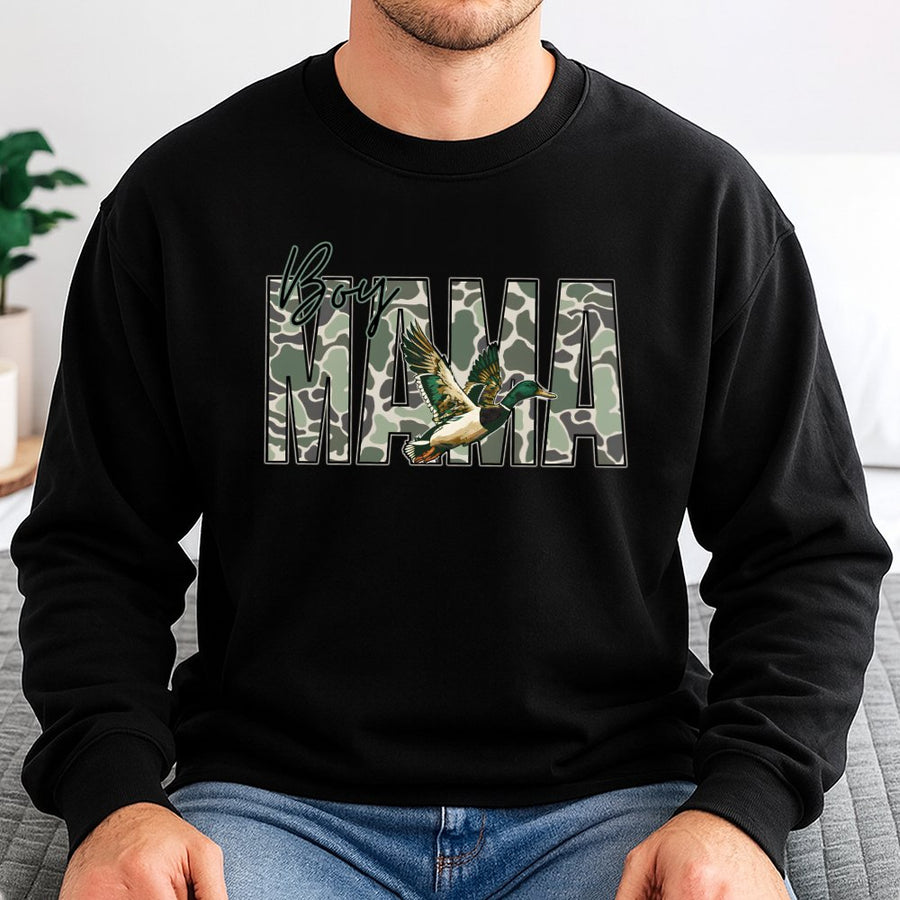 Boy Mama Sweatshirt | Camo Mallard Duck Hunting Design | Premium Cotton Blend | Gift for Outdoorsy Mom