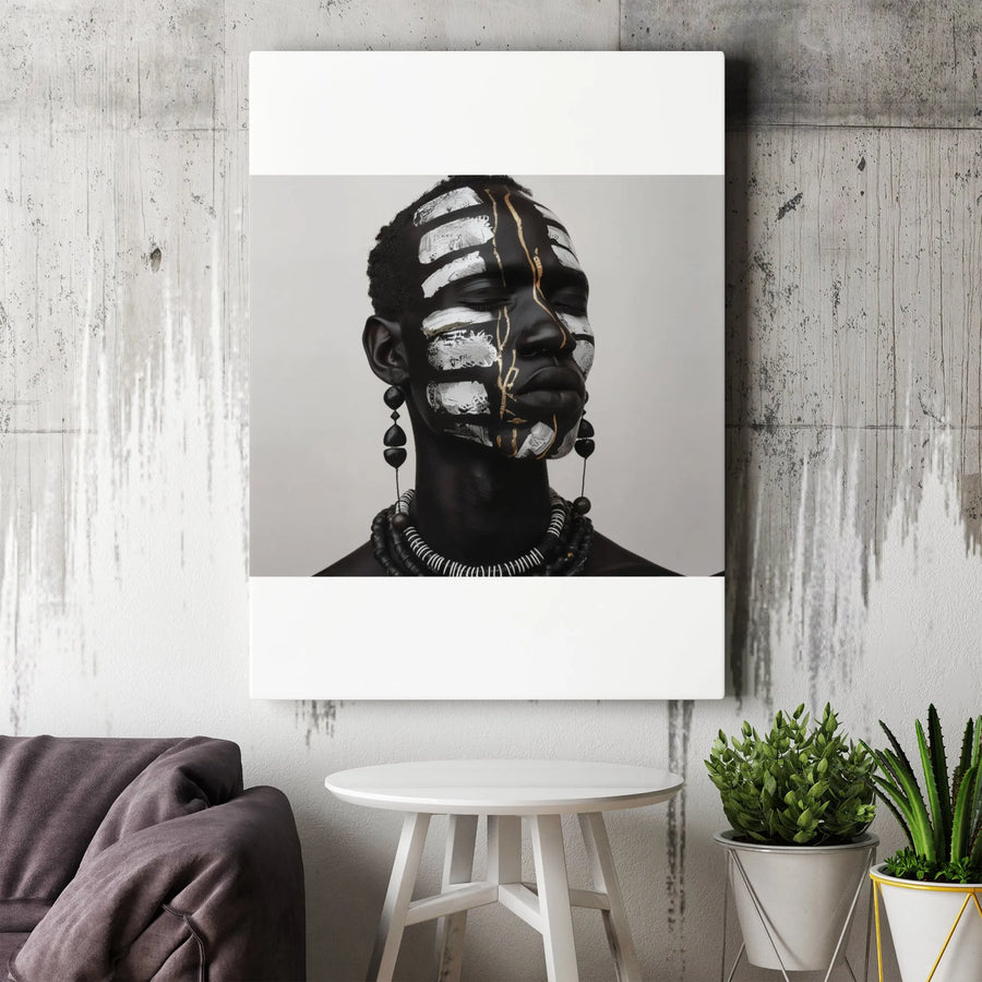 African Portrait Canvas Wall Art | Tribal Face Paint Gold Details | Premium Gallery Wrap 1.25 inch | Modern Home Decor Gift