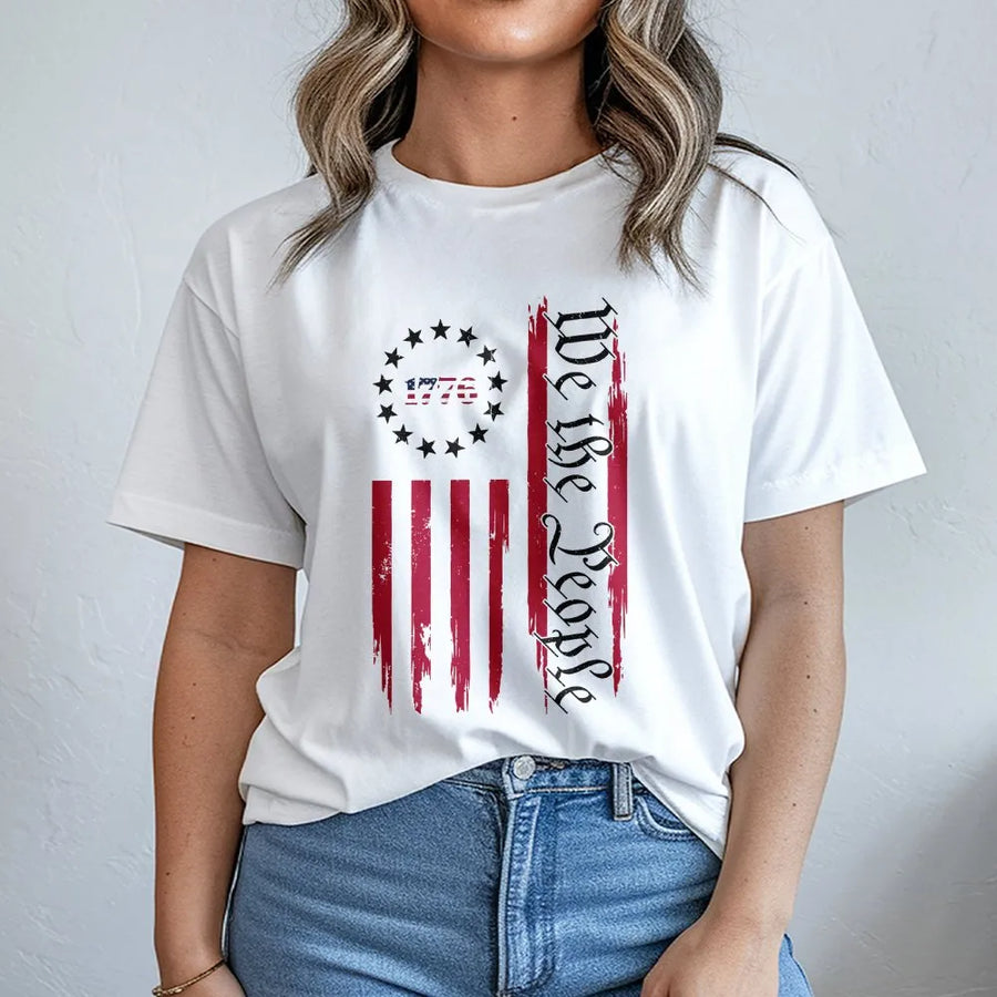 We The People 1776 T-Shirt | Vintage Distressed Vertical USA Flag | Premium Cotton Blend | Patriotic 4th of July Gift for Men