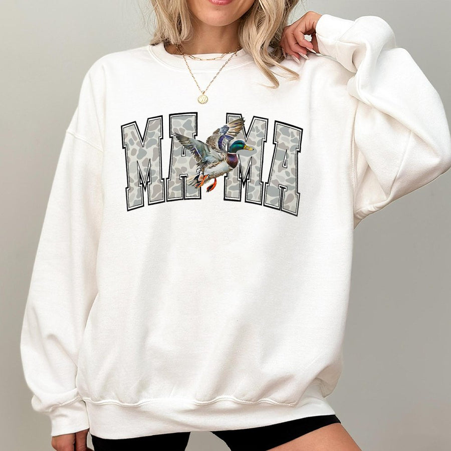 Duck Mama Sweatshirt | Camo Lettering Mallard Design | Cotton-Blend Comfort | Hunting Wife Gift for Outdoor Mom