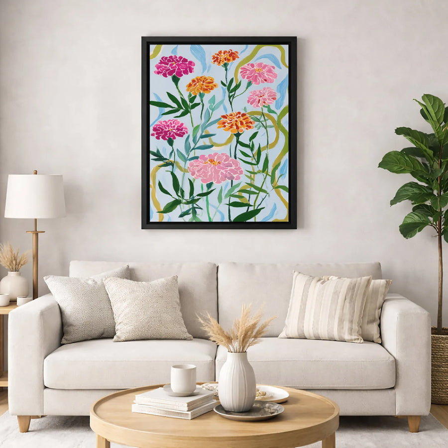Floral Canvas Wall Art | Vibrant Marigold and Zinnia Botanical Painting | Premium Gallery-Wrapped Print | Modern Home Decor Gift for Plant Lovers