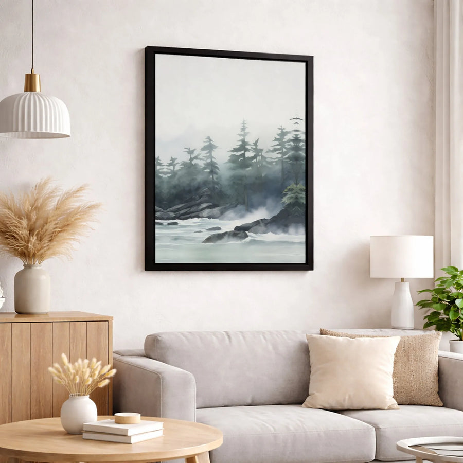 Misty Pine Forest Canvas Art | Moody Rocky Coastline Watercolor Print | Premium 1.25-inch Gallery Wrapped Wall Decor | Serene Nature Home Gift
