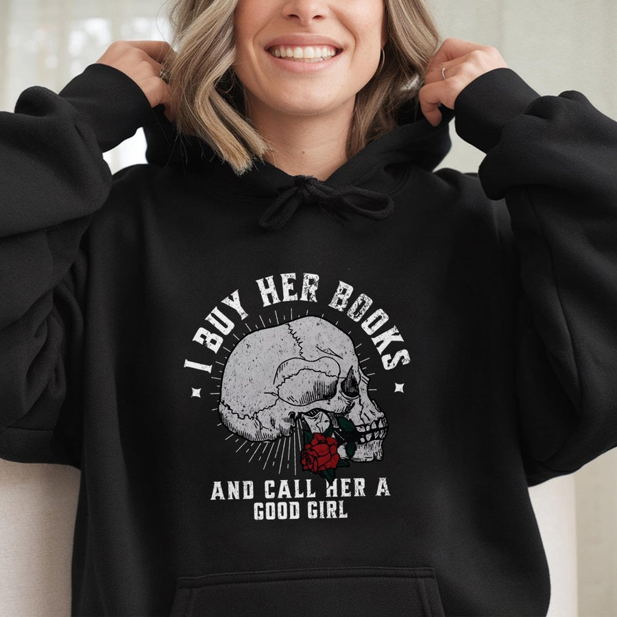 I Buy Her Books Hoodie | Dark Romance Aesthetic Skull Rose Graphic | Premium Cotton Blend | Gift for Book Lover & Readers