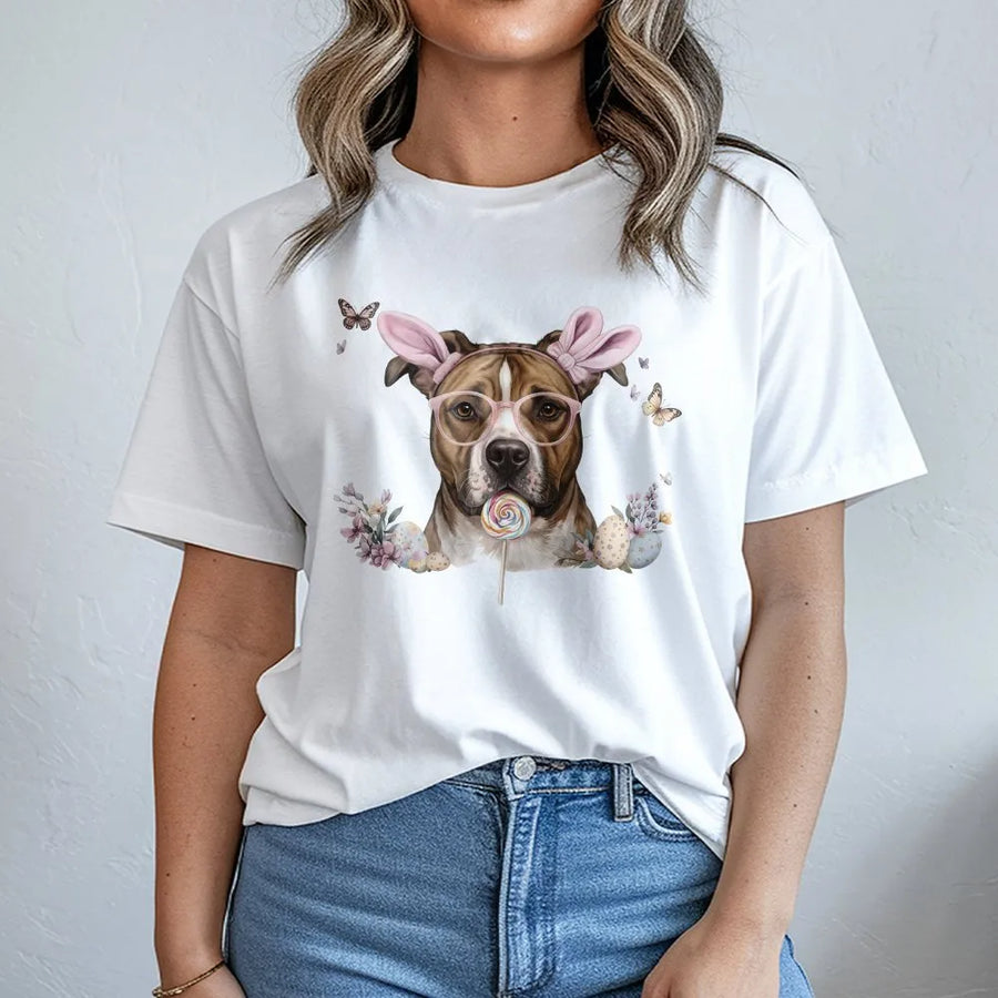 Pitbull Easter T-Shirt | Cute Dog with Bunny Ears and Lollipop Graphic | Premium Soft Cotton | Spring Holiday Gift for Dog Lovers
