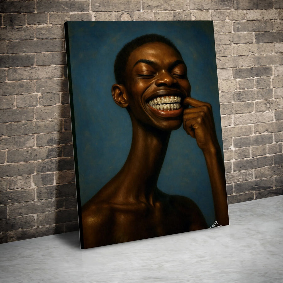 Smiling Black Man Canvas Art | Diamond Grillz Portrait Print | Premium Gallery Wrap Wall Decor | Modern Urban Home Interior Gift
