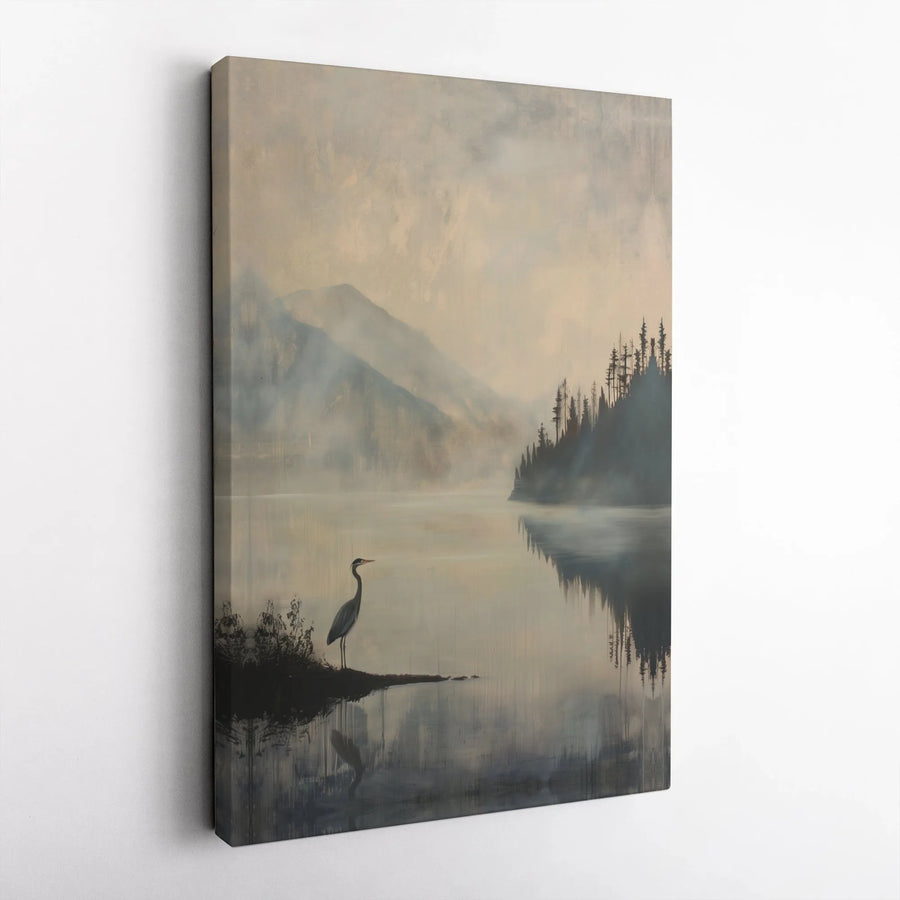 Heron Wall Art | Misty Mountain Lake Landscape Print | Gallery Quality 1.25 Inch Canvas | Serene Nature Home Decor Gift