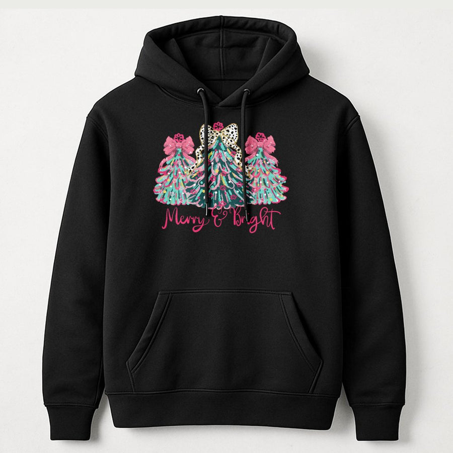 Merry and Bright Christmas Hoodie | Colorful Leopard Print Tree Graphic | Soft Cotton-Polyester Blend | Festive Holiday Gift for Women