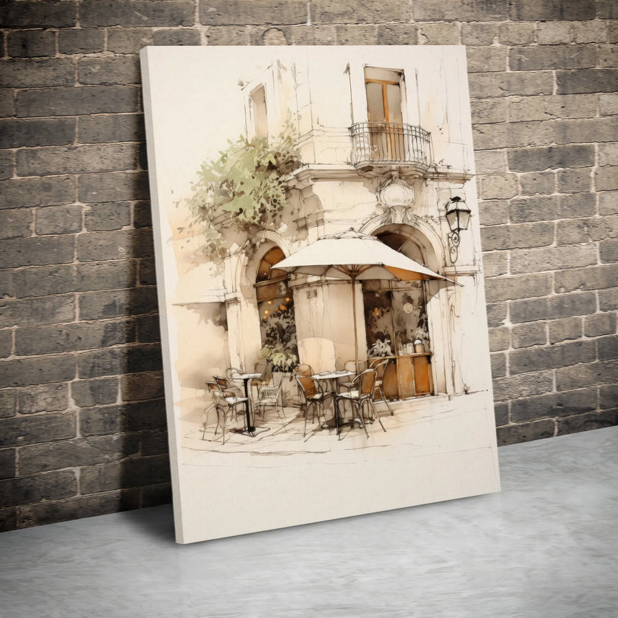 Italian Street Cafe Canvas Art | Parisian Bistro Watercolor Sketch | Gallery Quality Framed Wall Decor | Premium European Travel Gift