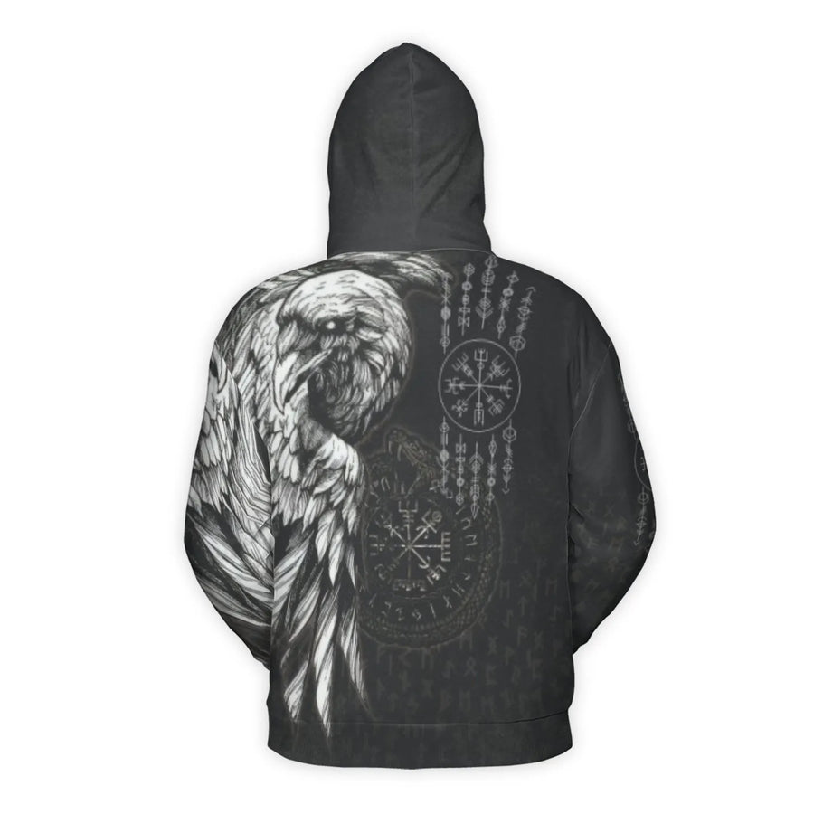 Viking Raven Hoodie | Vegvisir Norse Compass Graphic Print | Premium Polyester Fleece Lining | Unisex Norse Mythology Gift for Him or Her