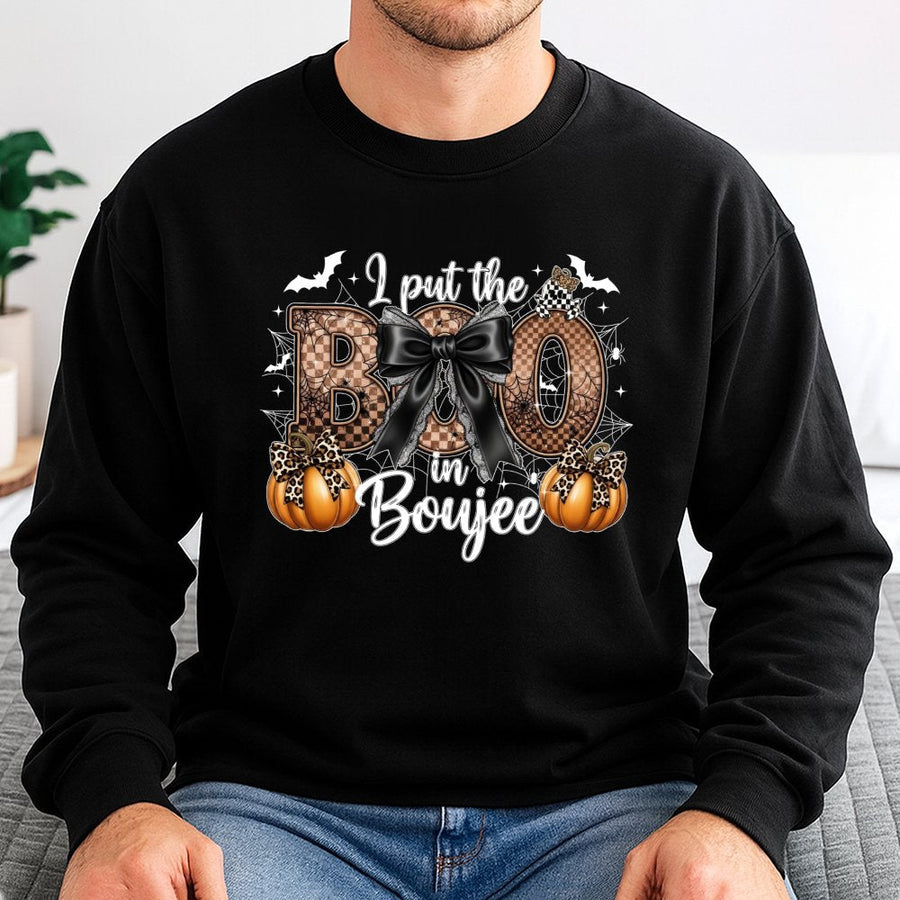 I Put The Boo In Boujee Sweatshirt | Trendy Leopard Pumpkin Halloween Graphic | Premium Cotton Blend | Funny Spooky Season Gift For Women