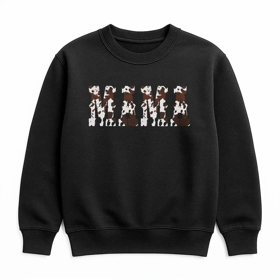 Mama Sweatshirt | Western Cow Print Varsity Letters | Premium Cotton Blend Crewneck | Cute Gift for Mom, Country Style Mother's Day 2026 Apparel