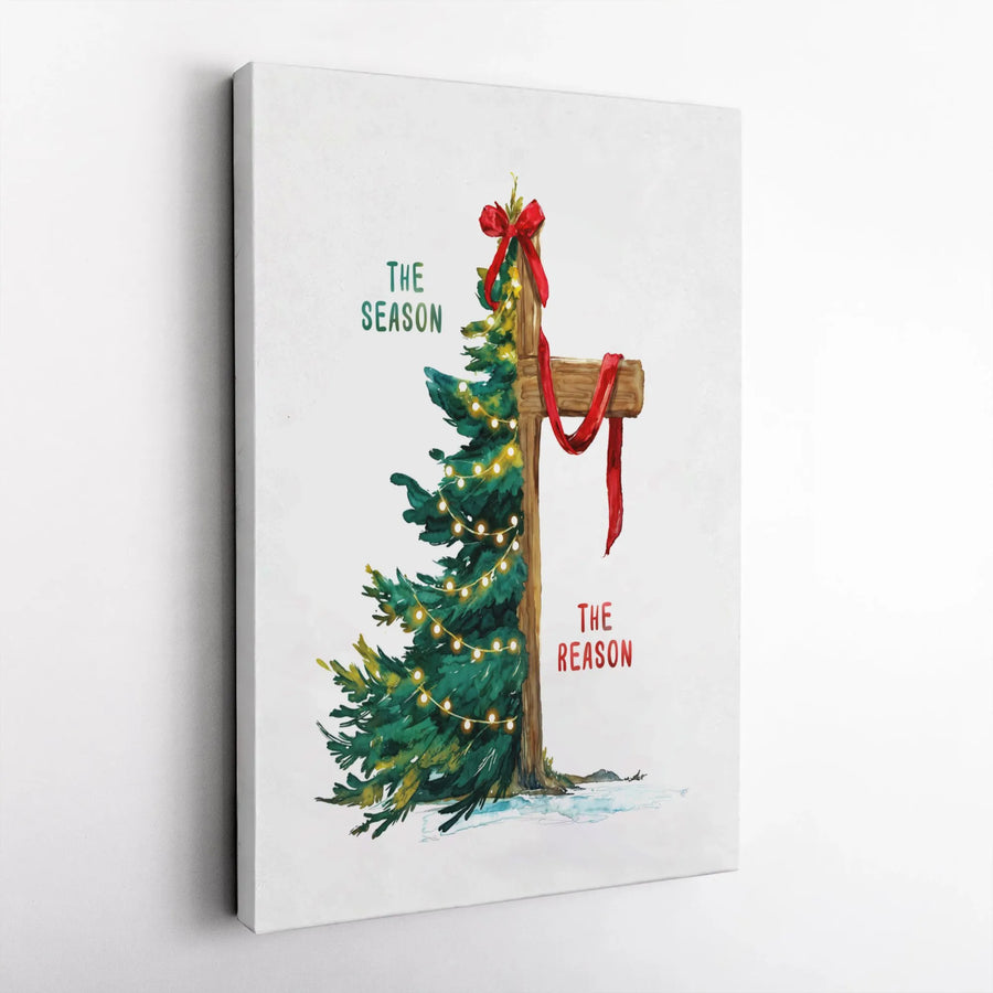 The Season The Reason Christmas Canvas Wall Art | Christian Cross and Pine Tree Design | Premium Gallery Wrap Decor | Religious Holiday Gift for Home