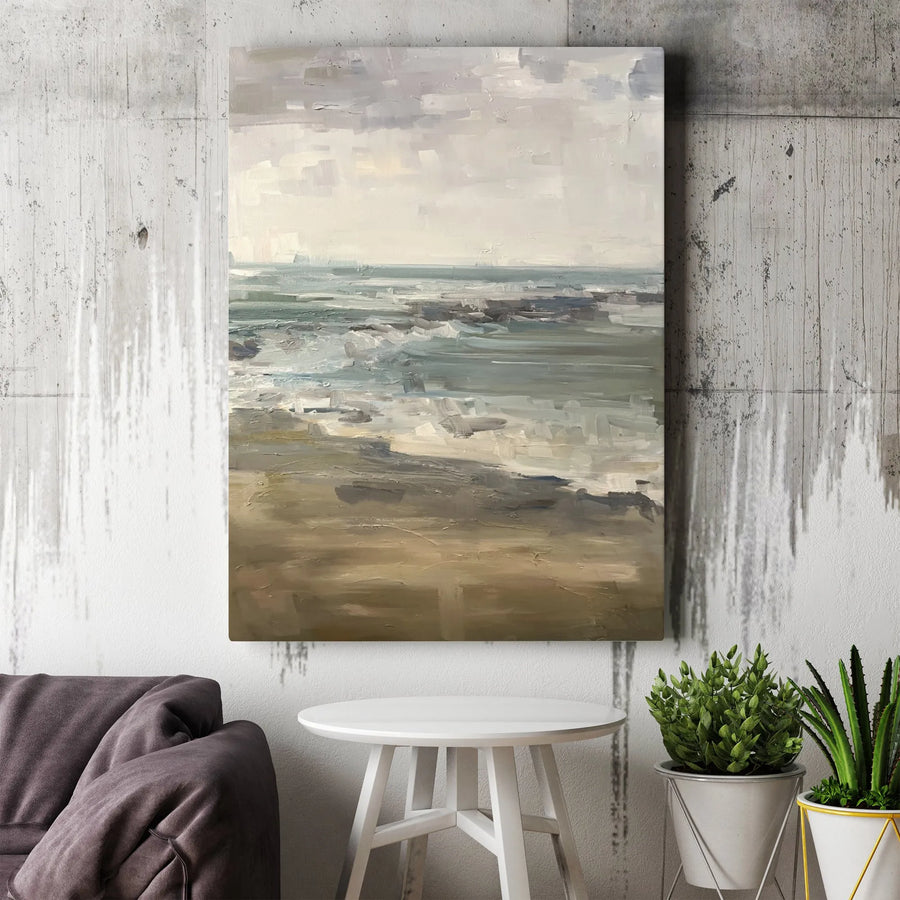 Abstract Seascape Canvas Wall Art | Moody Beach Painting Print | Premium Gallery Wrapped Canvas | Modern Coastal Living Room Decor