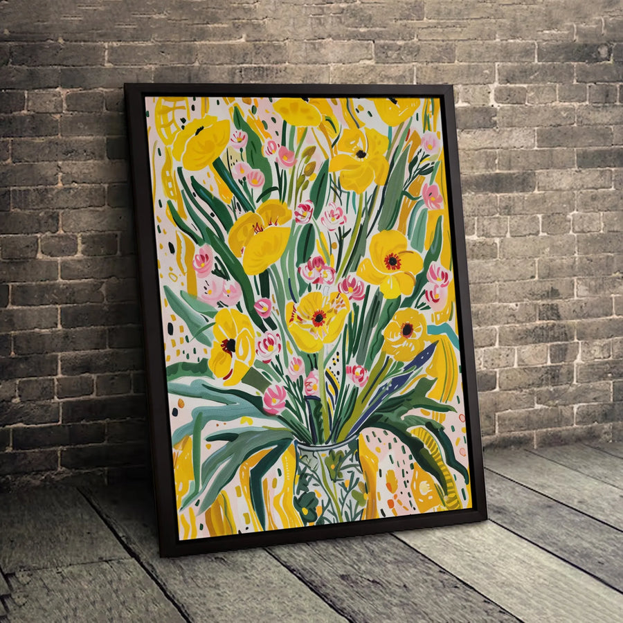Yellow Floral Canvas Wall Art | Abstract Flower Bouquet Painting | Gallery Quality 1.25" Frame | Modern Home Decor Gift for Her