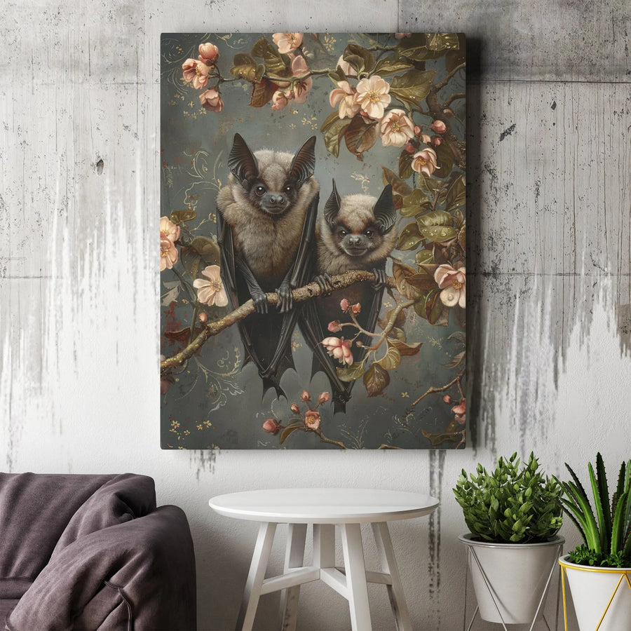 Vintage Bat Wall Art Canvas Print | Dark Academia Floral Illustration | Premium Gallery Wrapped Canvas | Gothic Home Decor Gift
