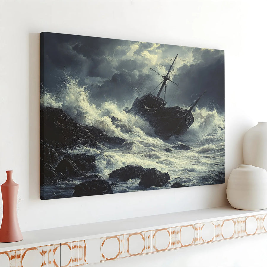 Shipwreck Wall Art Canvas | Dramatic Stormy Sea With Crashing Waves | 1.25” Thick Gallery Wrap | Moody Nautical Decor For Living Room