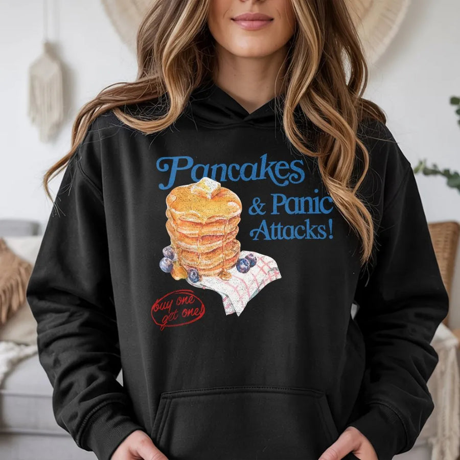 Pancakes & Panic Attacks Hoodie | Funny Breakfast Graphic Aesthetic | Premium Cotton Blend | Gift for Anxiety Humor & Brunch Lovers