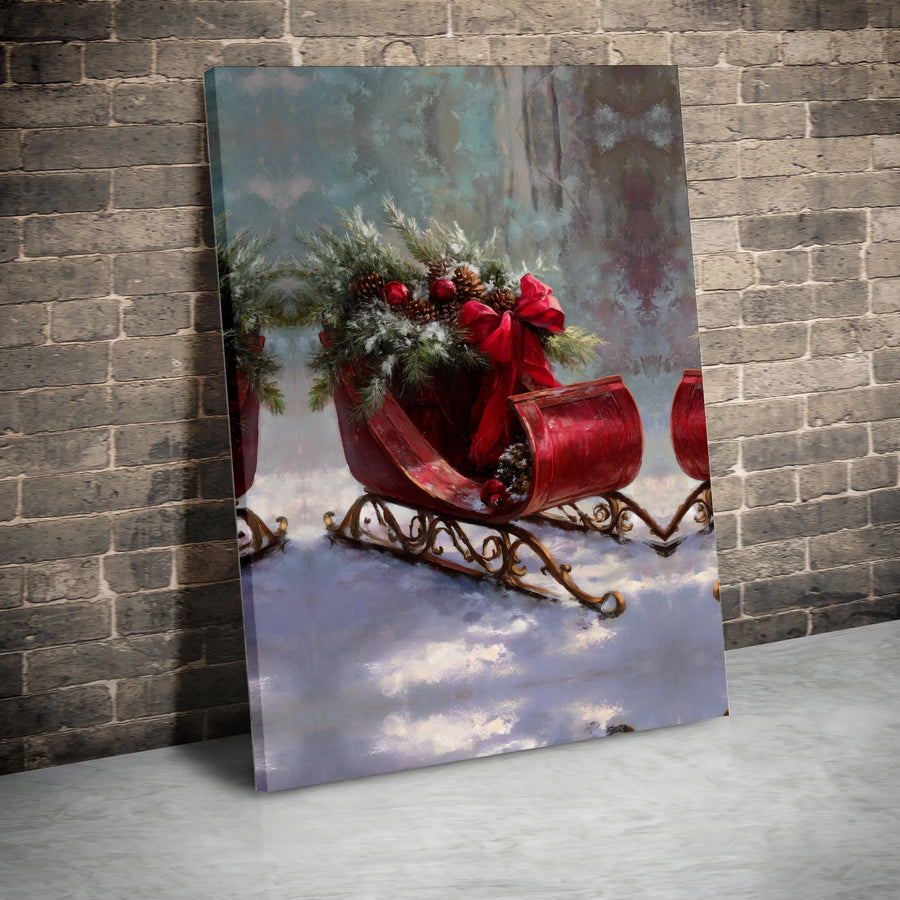 Vintage Christmas Sleigh Canvas Art | Snowy Pine Decor with Red Bow | Premium 1.25 Inch Gallery Wrap | Festive Holiday Wall Decor for Home