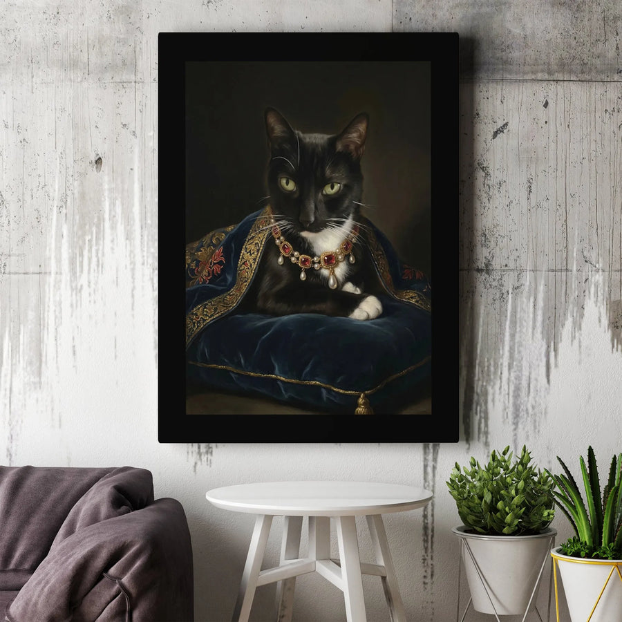Royal Cat Portrait Canvas | Regal Black Cat Renaissance Painting | Premium Thick Gallery Wrap Wall Art | Unique Collector's Gift for Cat Lover