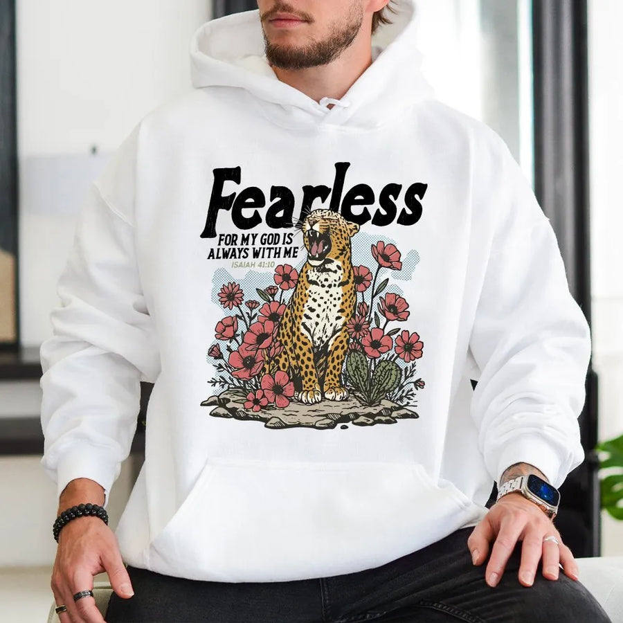 Fearless Christian Hoodie | Leopard & Floral Bible Verse Pullover | Soft Cotton Blend | Inspirational Faith Based Gift