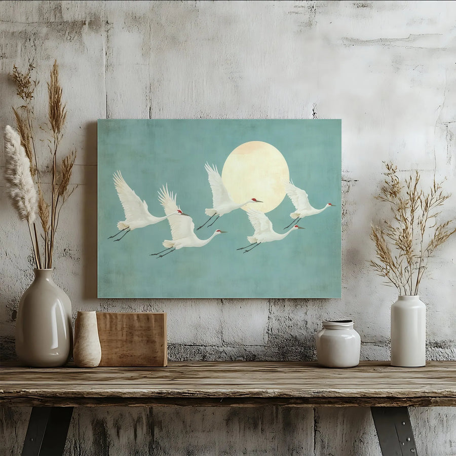 Japanese Crane Wall Art | Flying Birds with Moon Canvas Print | Premium Gallery Wrap Decor | Nature Inspired Zen Living Room Gift