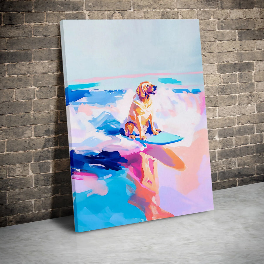 Surfing Labrador Canvas Art | Colorful Abstract Dog Ocean Print | 1.25 Inch Premium Gallery Wrap | Coastal Beach House Wall Decor Gift