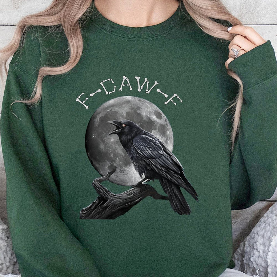 Crow Graphic Sweatshirt | F-Caw-F Gothic Moon Bird Design | Cotton-Blend Premium Apparel | Funny Nature Lover Gift Idea