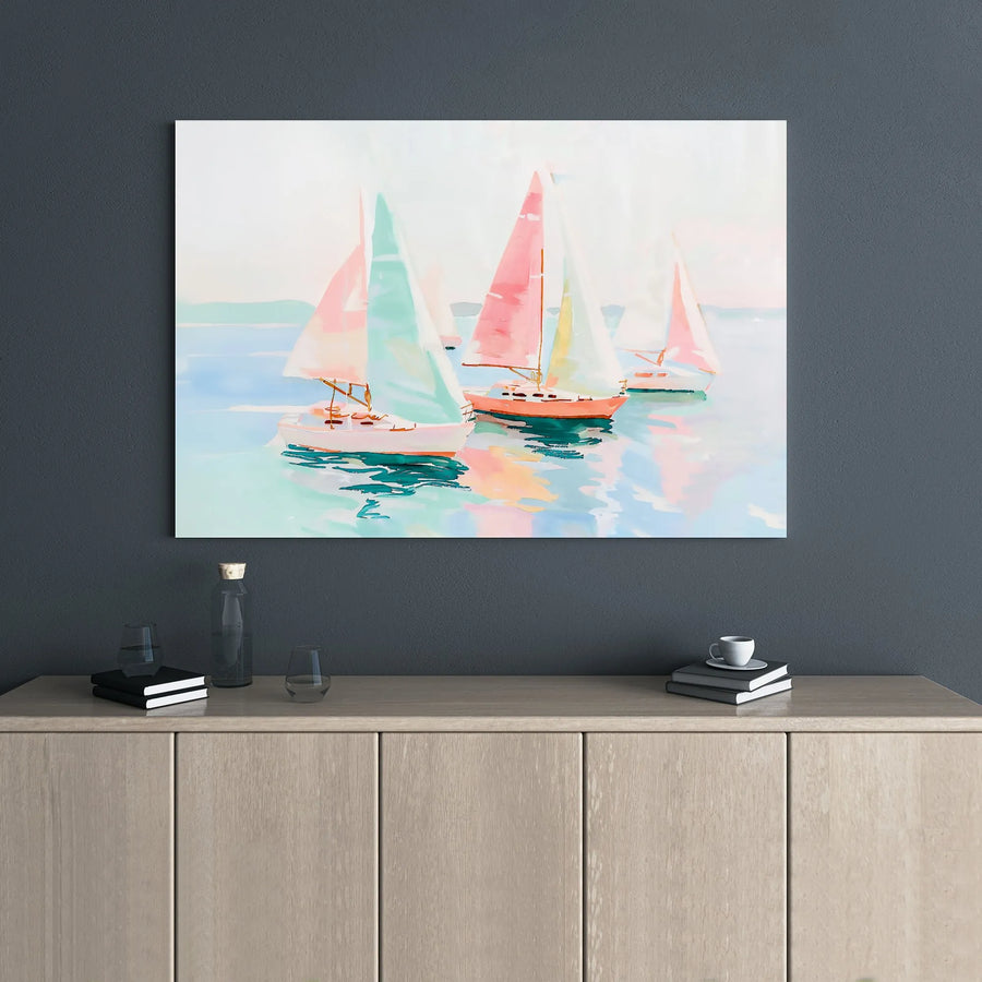 Pastel Sailboat Canvas Wall Art | Watercolor Ocean Seascape Painting | Premium Gallery Wrap Print | Coastal Home Decor For Beach House Living