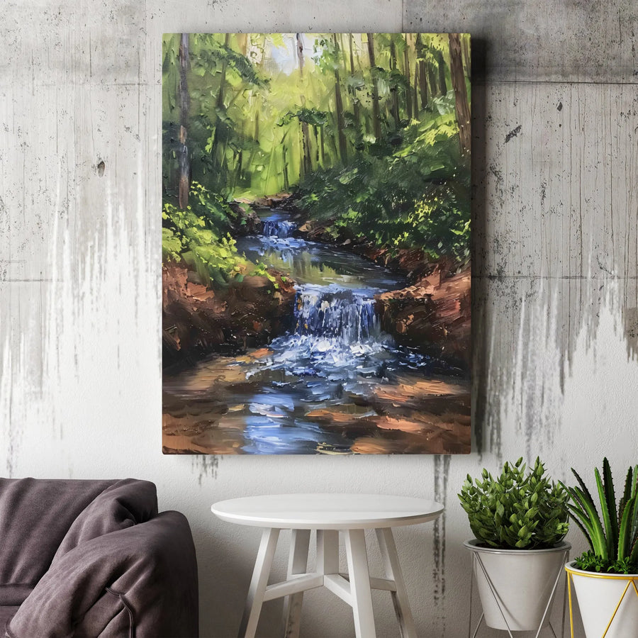 Forest Waterfall Canvas Wall Art | Impasto Oil Painting Style Print | Premium Gallery-Wrapped Decor | Nature Landscape Gift for Home