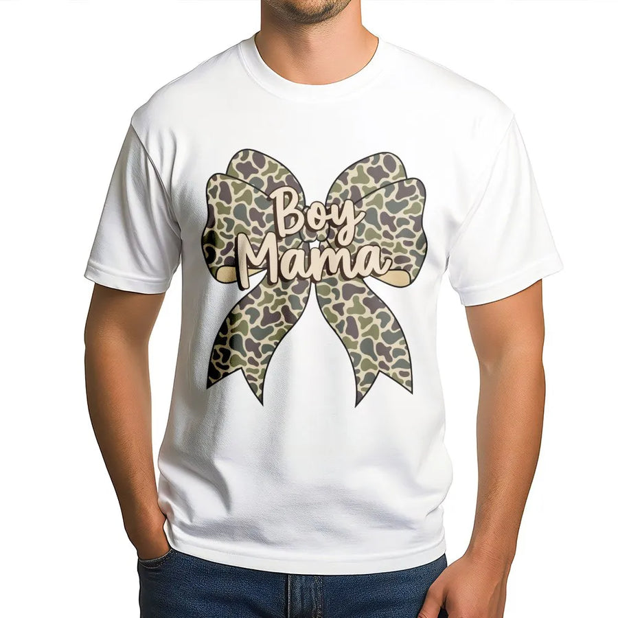 Boy Mama T-Shirt | Camo Coquette Bow Graphic Tee | Premium 100% Cotton Apparel | Trendy Mother's Day 2026 Gift for Mom