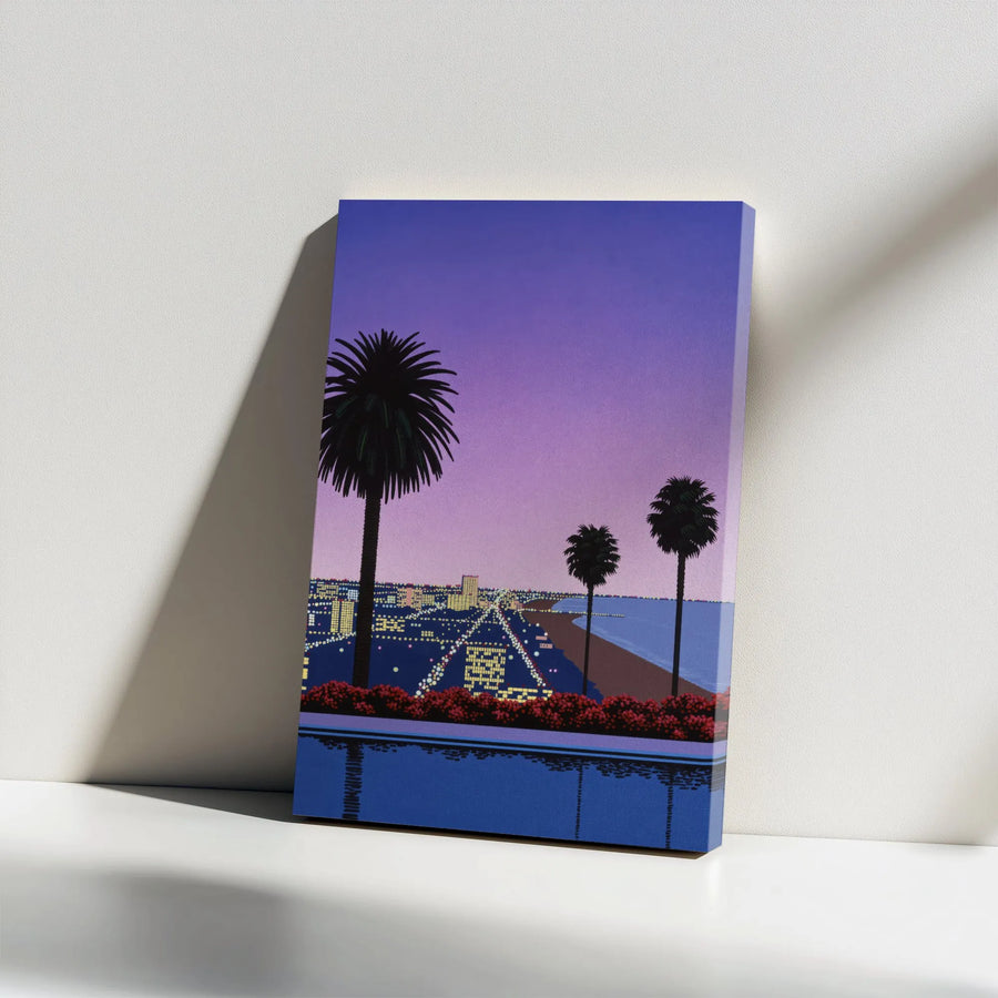 Vaporwave Cityscape Vertical Canvas | Retro Coastal Night Scene with Palm Trees | Premium 1.25" Thick Print | 80s Aesthetic Game Room Wall Decor Gift