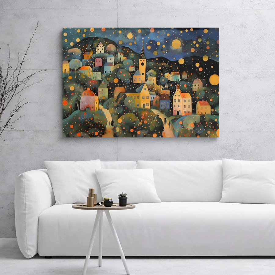 Whimsical Village Canvas Wall Art | Colorful Night Town Landscape | Premium Gallery Wrap 1.25" Frame | Enchanting Home Decor Gift