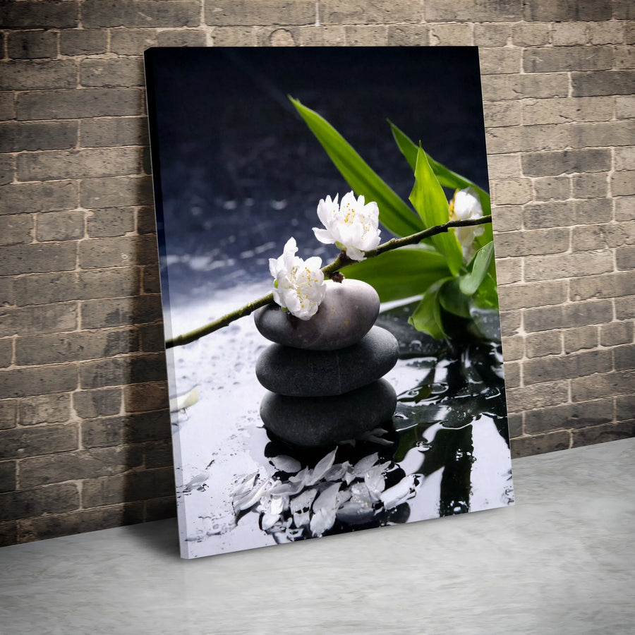 Zen Balancing Stones Canvas Wall Art | Cherry Blossom Bamboo Spa Decor | Premium Gallery Wrap Print | Peaceful Home & Office Sanctuary Gift