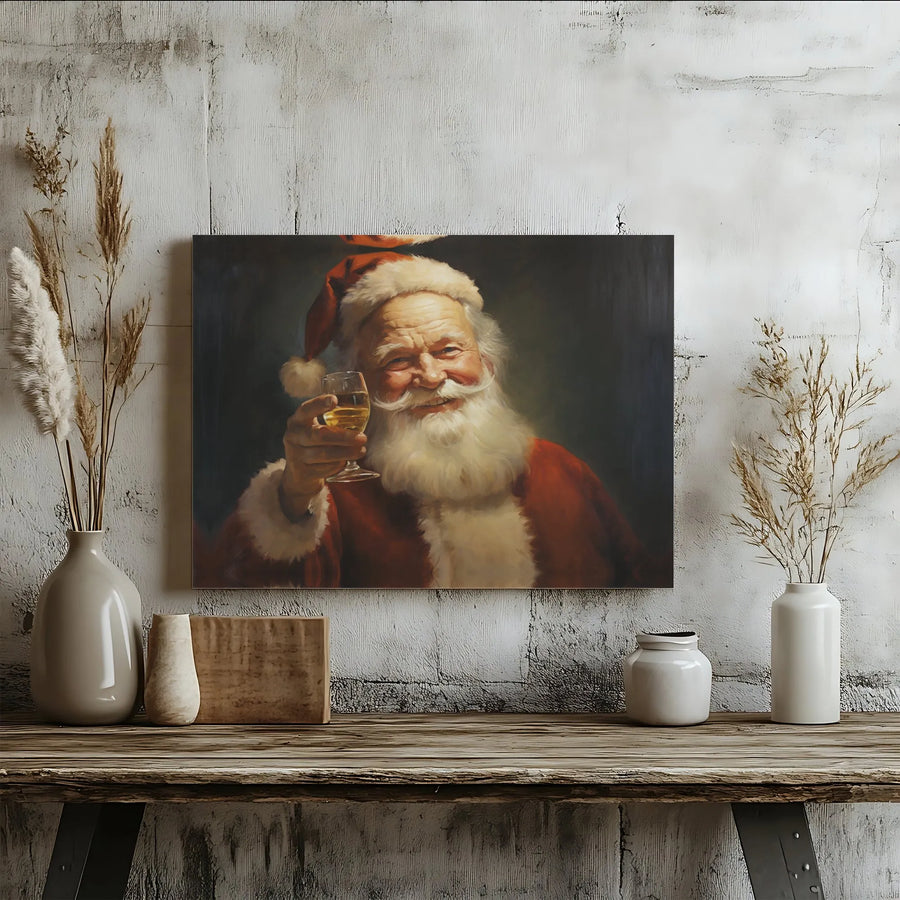 Santa Claus Toasting Canvas Wall Art | Vintage Oil Painting Style Portrait | Premium Gallery Wrap Decor | Festive Holiday Home Decor Gift