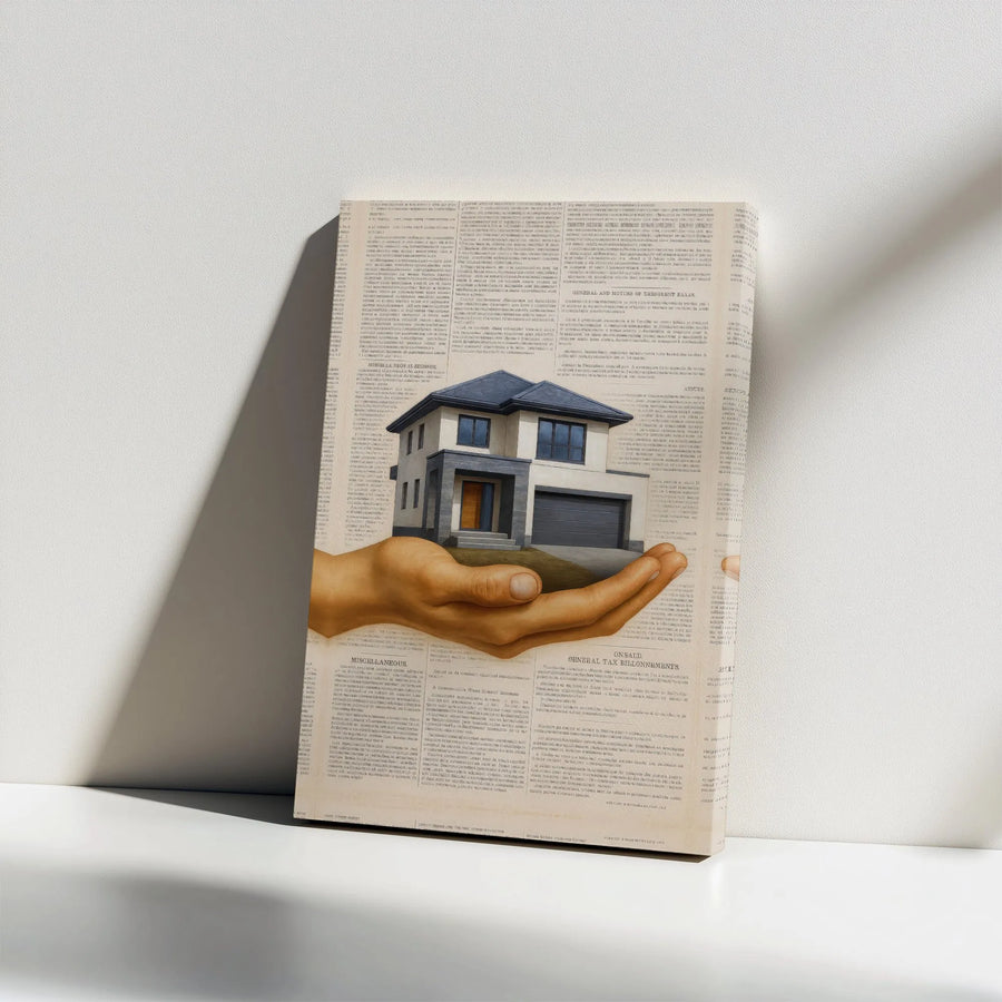 Real Estate Canvas Print | Surreal House in Hand Art on Newspaper Background | Premium Gallery Wrapped Canvas | Gift for Realtor Office Decor