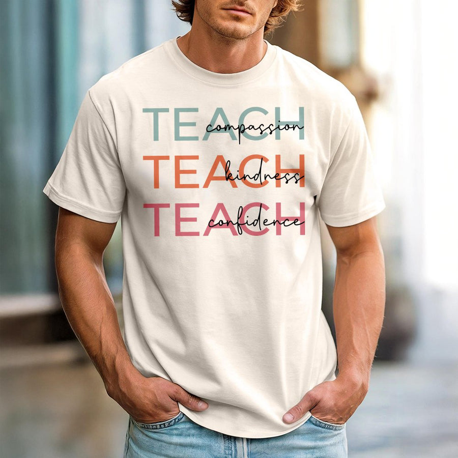 Teacher T-Shirt | Teach Compassion Kindness Confidence Design | 100% Premium Cotton Tee | Inspirational Gift for Educators and Teachers