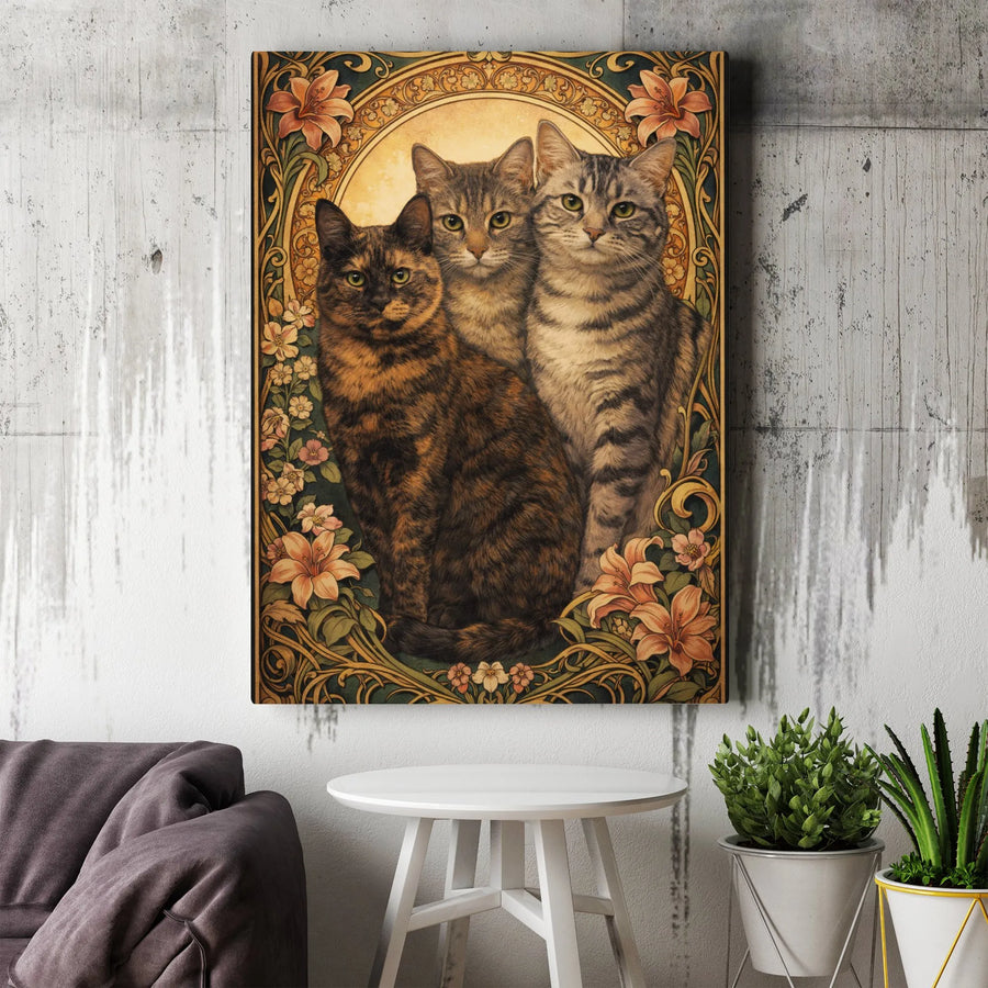 Art Nouveau Cat Canvas | Three Cats Floral Portrait Wall Art | Premium Canvas Print | Vintage Style Decor Gift for Cat Lovers