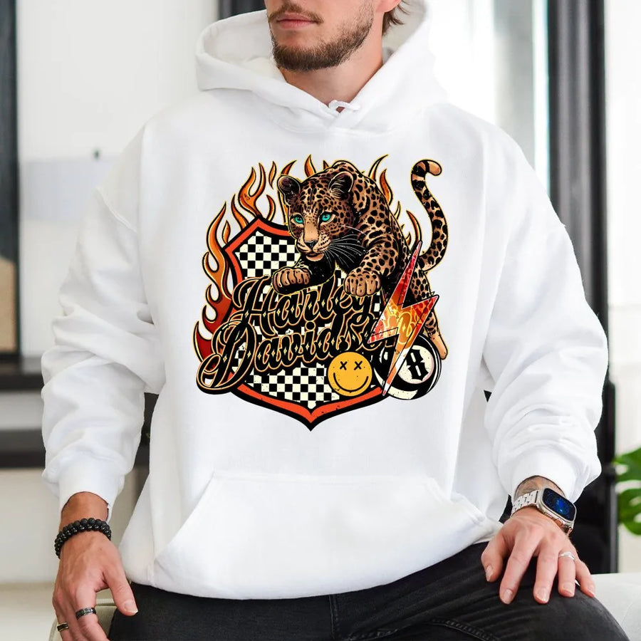 Leopard Print Hoodie | Flaming Wild Cat Graphic Design | Premium Cotton Blend Sweatshirt | Unisex Retro Streetwear Gift for Men and Women
