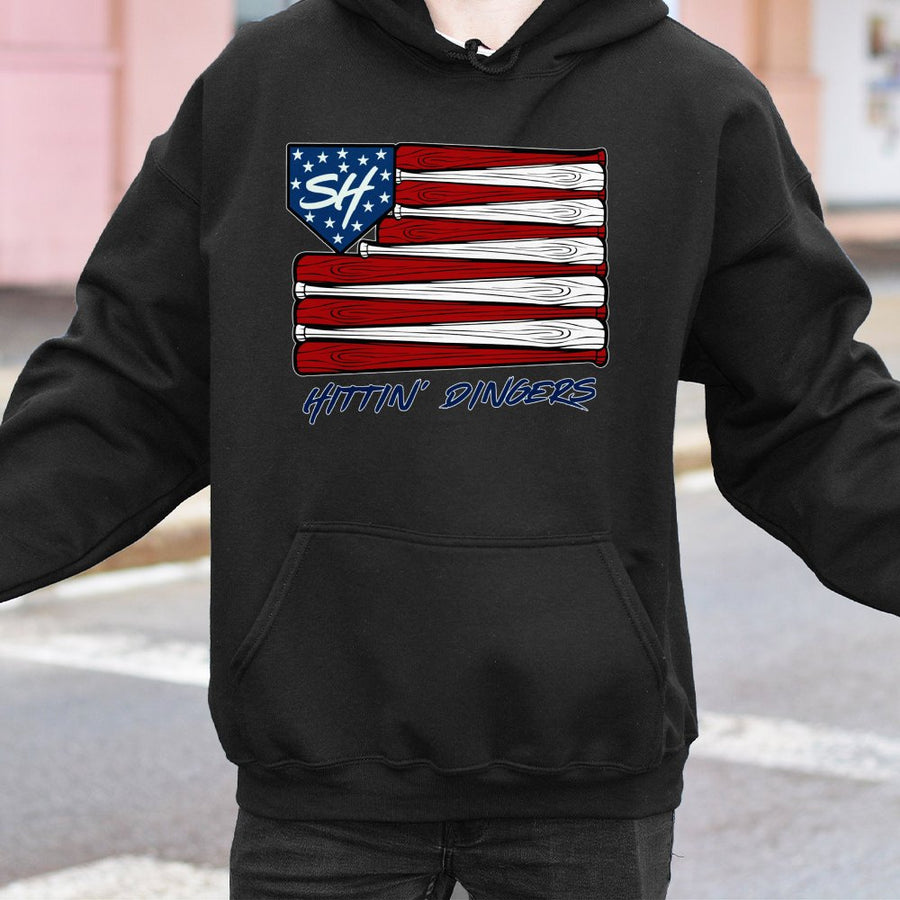 Baseball Flag Hoodie | Hittin' Dingers Graphic Design | Premium Cotton-Poly Blend | Gift for Baseball Players and Sports Fans