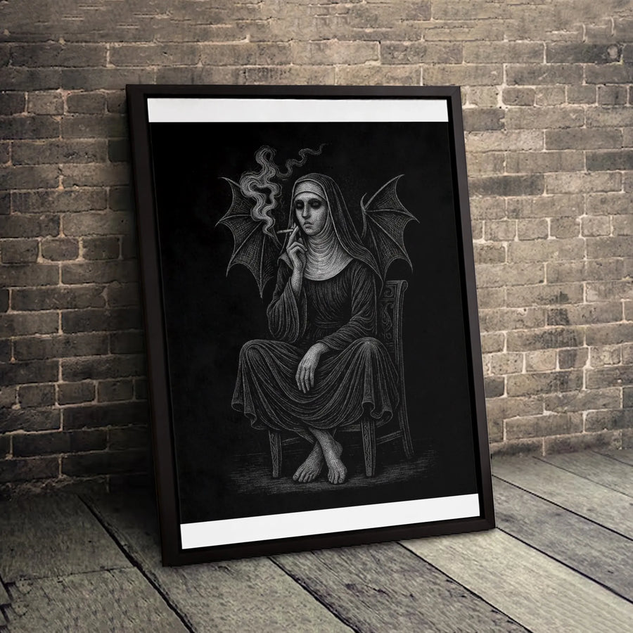Smoking Nun Canvas Art | Dark Gothic Demon Wings Wall Decor | 1.25-Inch Premium Gallery Wrap | Edgy Home & Office Wall Art Gift