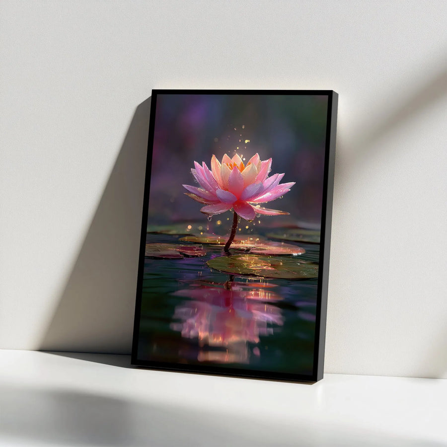 Glowing Lotus Flower Canvas Art | Serene Pink Water Lily with Reflection | Premium Fade-Resistant Print | Zen Wall Decor Gift for Yoga Studio